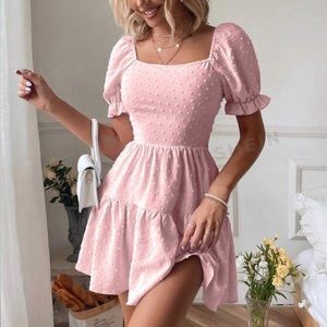 Short Puff Sleeve Textured Jacquard Back Tie-Up Baby Pink Dress